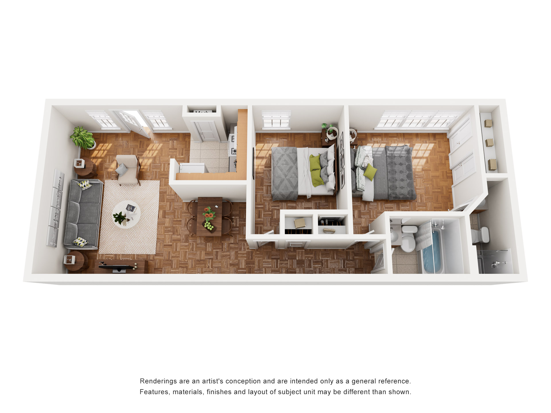 Floor plan for 2 beds, 1.5 baths, 816 sqft